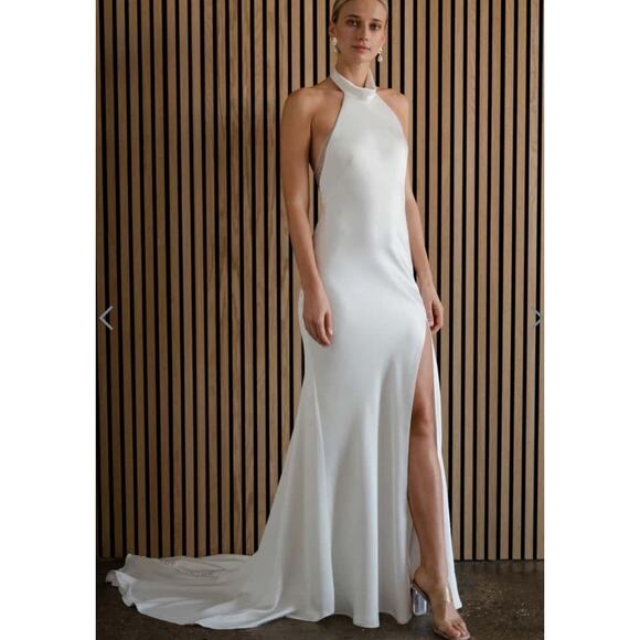 Jenny by Jenny Yoo Size 8 Harlyn Wedding Dress Gown White Lace Maxi Halter Train - Picture 1 of 16